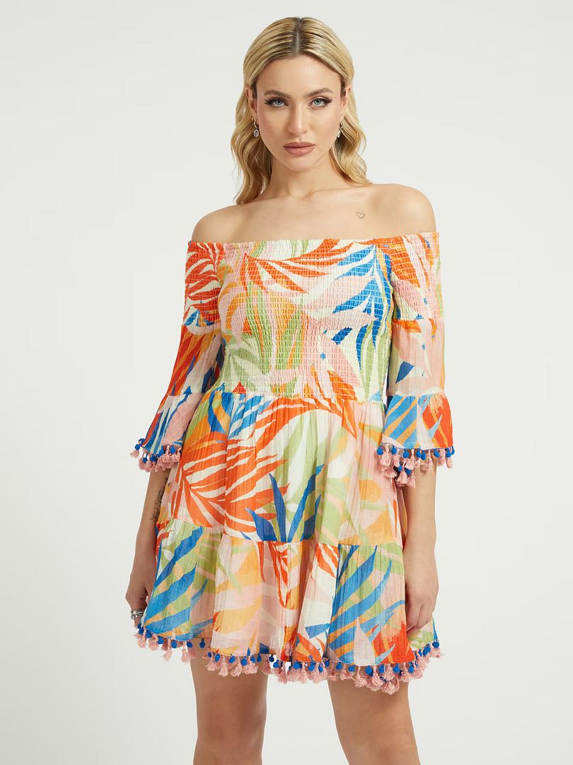 Guess printed off shop the shoulder dress