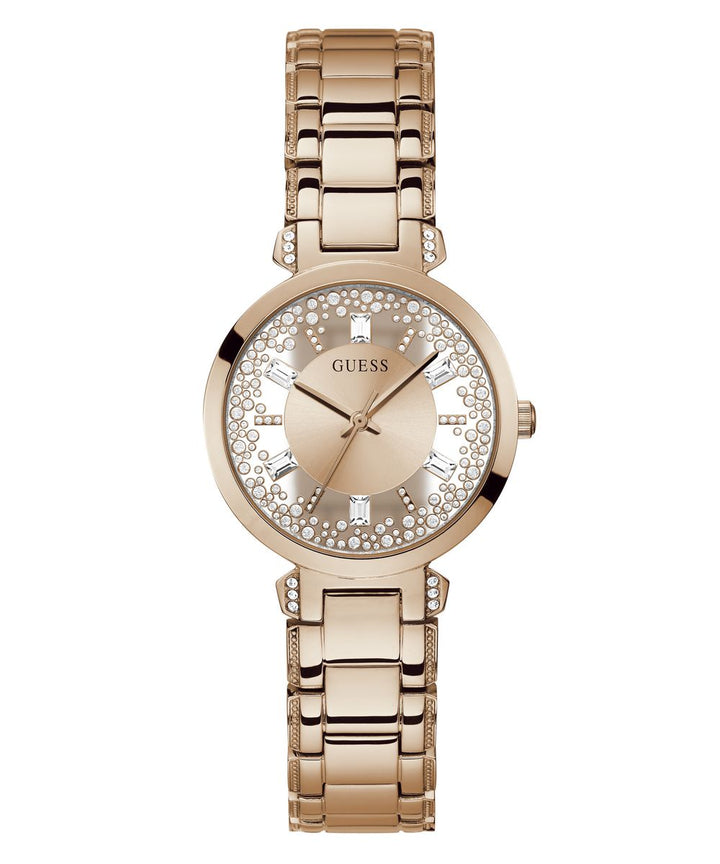 Crystal Clear Ladies Rose Gold Tone Analog Watch - Guess?