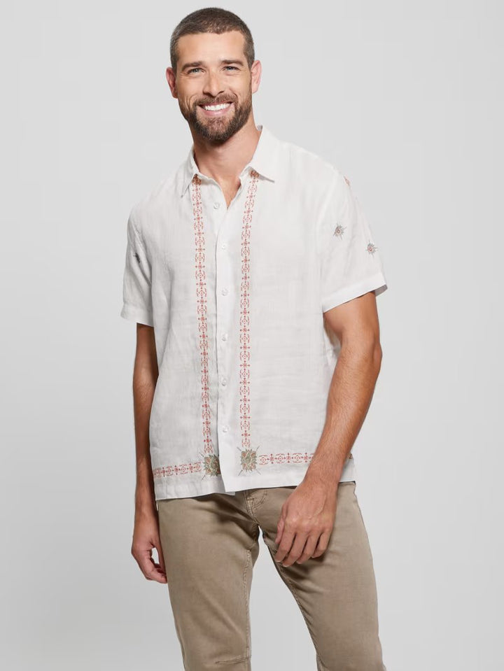 SS LINEN BORDER EMB SHIRT