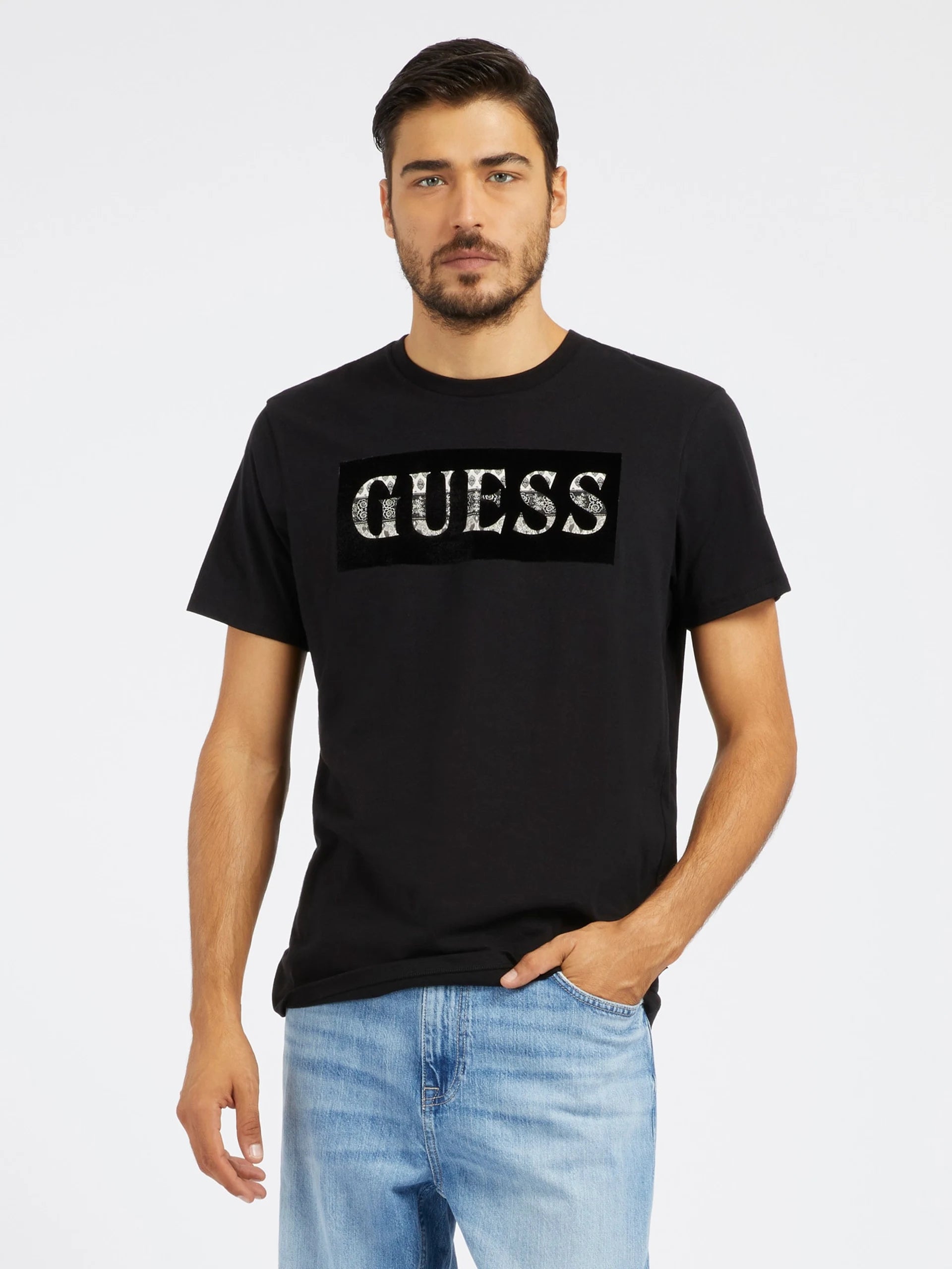 SS BSC GUESS VELVET LOGO TEE